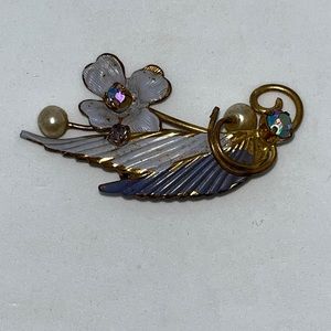 Vintage Austria Rhinestone PearlPurple Shades Enamel Flower Brooch Pin Gold Tone